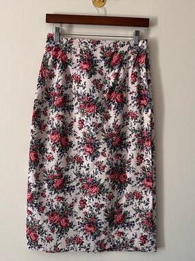 Vintage Linen Blend Wrap Skirt Pink Tea Rose Print Cottagecore Sz 4 USA Made
